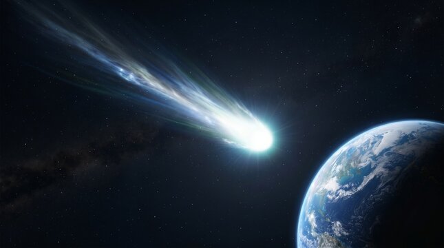 This dangerous comet moving rapidly toward a blue planet stock image conveys urgent outer space danger and suspense