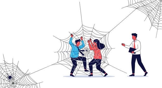 Two employees feeling trapped and struggling in a giant spider web while their manager walks by with a clipboard in a suit.