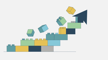 Building blocks ascend, forming a staircase with an arrow indicating upward progress