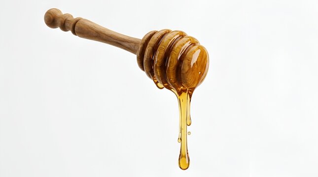 Golden honey dripping from a wooden honey dipper on white background