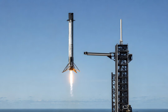 Rocket booster landing beside launch tower at sea