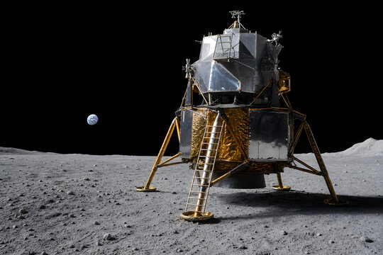 Lunar lander on moon surface with Earthrise