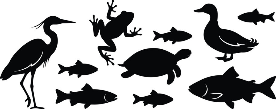 Set of pond wildlife silhouettes including heron duck frog turtle and fish isolated on white background