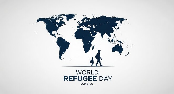 World Refugee Day modern graphic banner featuring a global world map composed of tiny walking human silhouettes