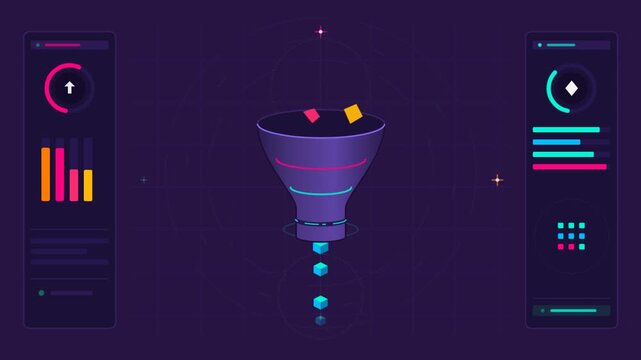 Sales funnel processing abstract data on a futuristic dashboard