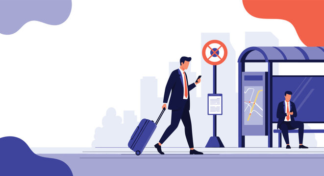 Modern businessman with a suitcase walking at a city bus stop while checking his mobile phone for travel information.