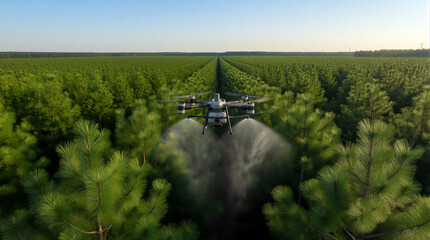 Fototapeta premium agriculture drone spraying in pine forest