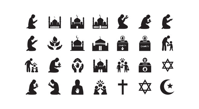 Religious activity and charity icons with praying people, mosques, churches, charity boxes and religious symbols.