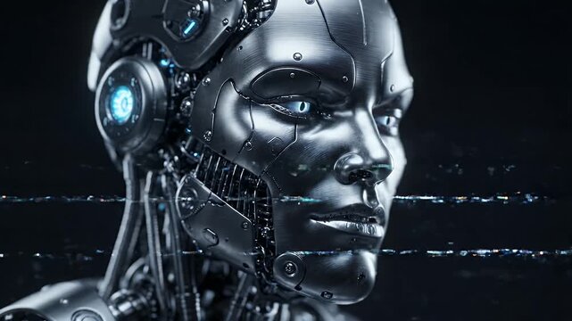 Glitching Metallic Robot Face Close-up - A detailed, close-up view of a metallic robot's face with glowing red eyes, partially obscured by digital glitch effects.