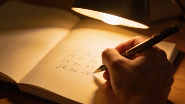 Hand Writing Numbers in Notebook Under Desk Lamp