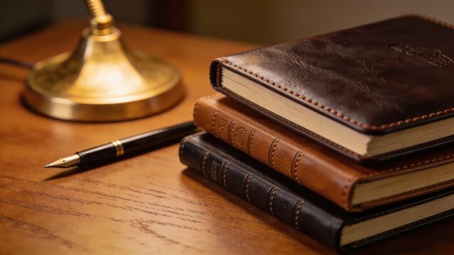 Stack of Leather Bound Notebooks and Pen with Vintage Lamp
