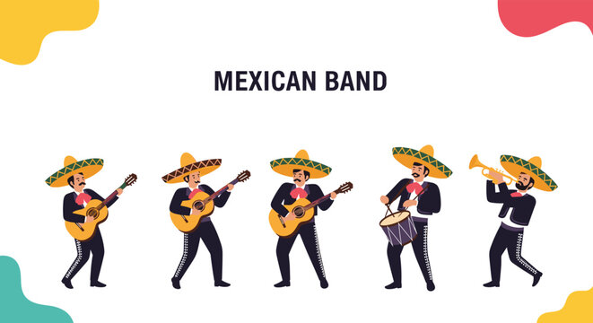 Group of five cheerful Mexican mariachi band members in traditional charro outfits playing guitars, drums, and a trumpet.