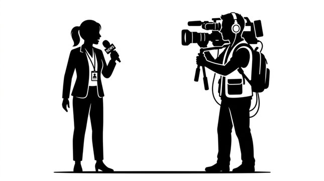 Female news reporter with microphone interviewing in front of a cameraman, black and white vector silhouette illustration