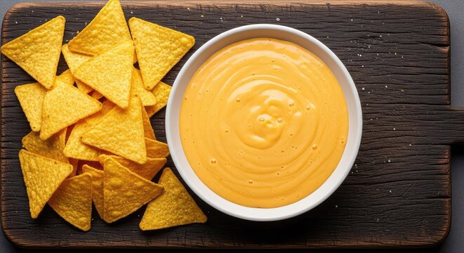 A warm bowl of creamy melted cheese sauce sits next to crunchy triangular corn tortilla chips arranged on a rustic dark wood serving board, bowl, golden, delicious