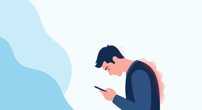 Young man hunched over looking at his smartphone showing poor posture and spinal strain against a blue abstract background.