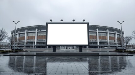 Obraz premium Blank Outdoor Billboard Mockup on Contemporary Football Stadium Exterior Forecourt After Rain