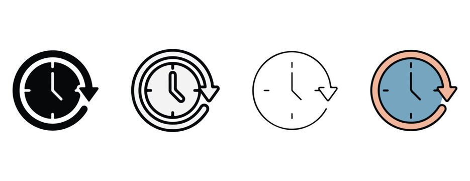 colored clock icons with circular arrows indicating time reversal or recycling on white background
