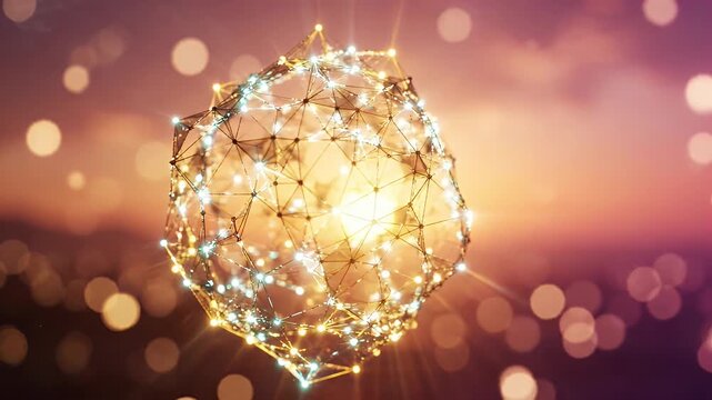 Luminous Geometric Network Sphere Sunrise Background - A glowing, intricate geometric network structure hovers against a blurred sunrise background.