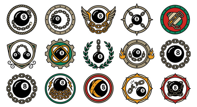 8-ball billiard pool icons collection in vintage tattoo style.