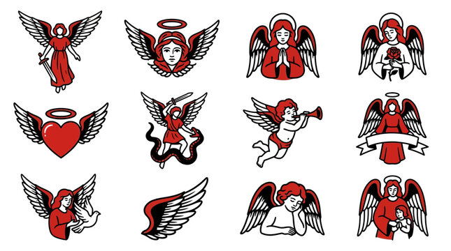 Angel and cherub icons with wings and halos.