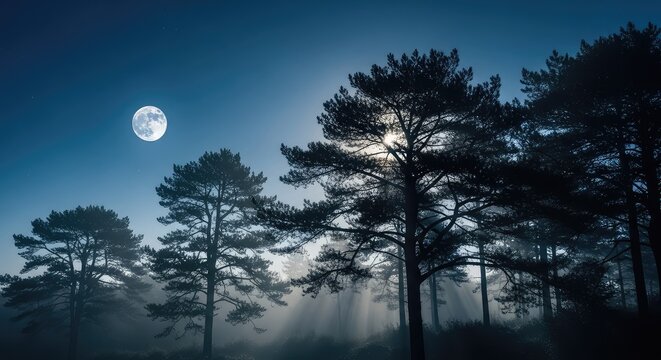 Eerie silhouettes of towering pine trees against a midnight sky, moonlight filtering through dense branches onto a misty forest floor, pine, background, atmosphere