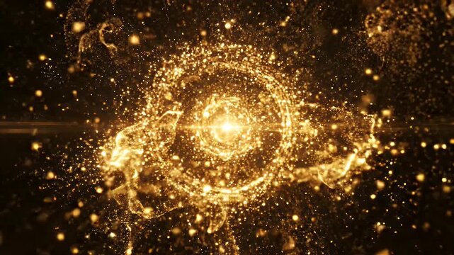 Golden Swirling Particle Explosion Motion Background - A dazzling display of golden particles swirls and explodes outwards from a bright central light.