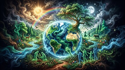 Obraz premium Earth surrounded by nature and human silhouettes