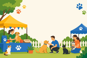 Naklejka premium Pet Adoption Day Background With Kennel Booths and Friendly Yard Shapes