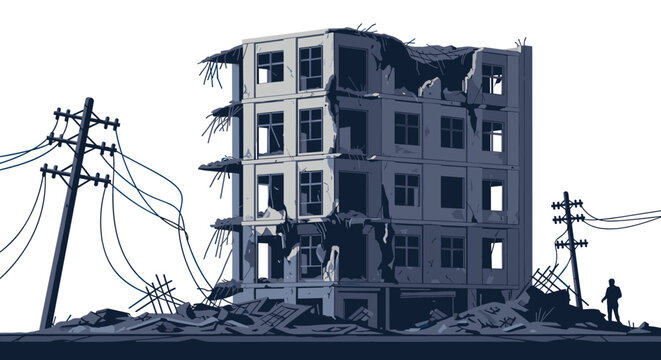 Stark illustration depicts a multi-story apartment building destroyed by war or natural disaster with rubble and leaning utility poles.