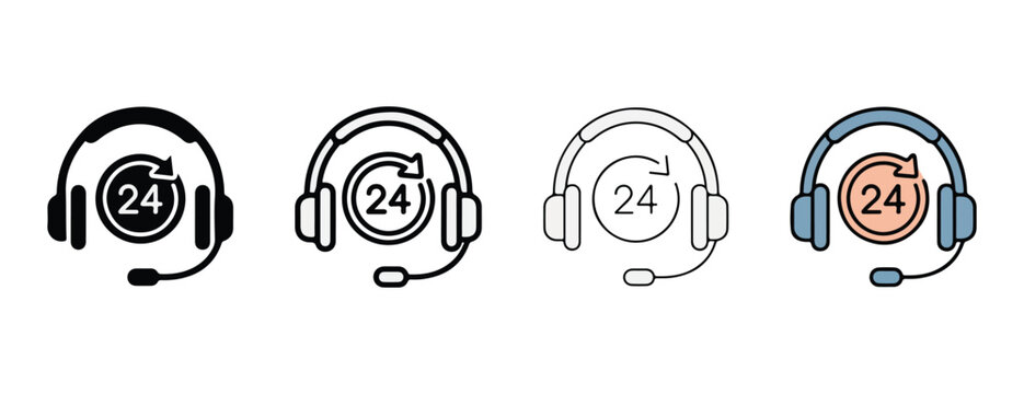 customer support headsets with 24 hour service  customer service symbols with headphones and twenty four hour clock timers