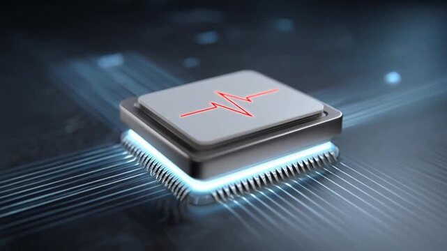 AI chip health data management concept featuring glowing electronic processor and heartbeat symbol on circuit board processor