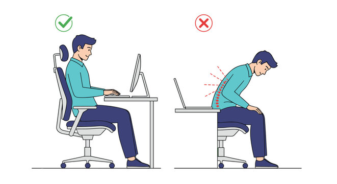 Educational illustration compares correct and incorrect sitting posture at a desk for back health and spinal alignment while working.