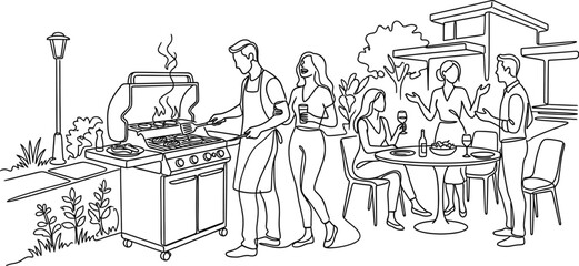 Obraz premium Group of friends having a backyard barbecue party illustration.