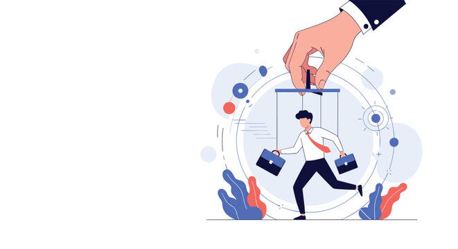 Conceptual illustration shows a giant hand controlling a tiny businessman carrying briefcases like a puppet with strings at a desk.