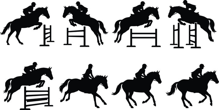 Equestrian Show Jumping Horse and Rider Silhouette Set in Action Sequence