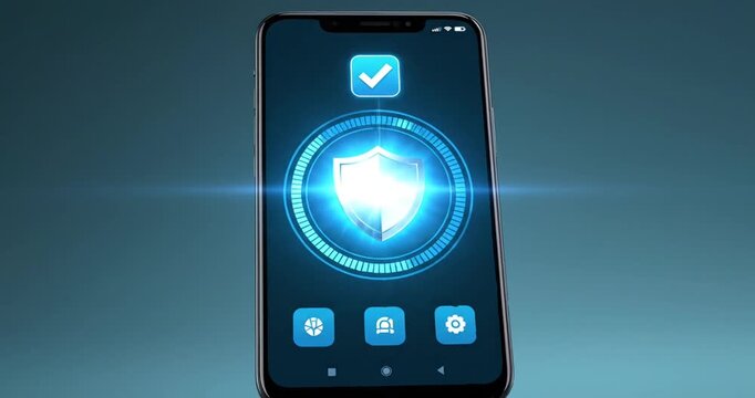 Smartphone displaying a security application with a shield icon and control buttons in a modern design