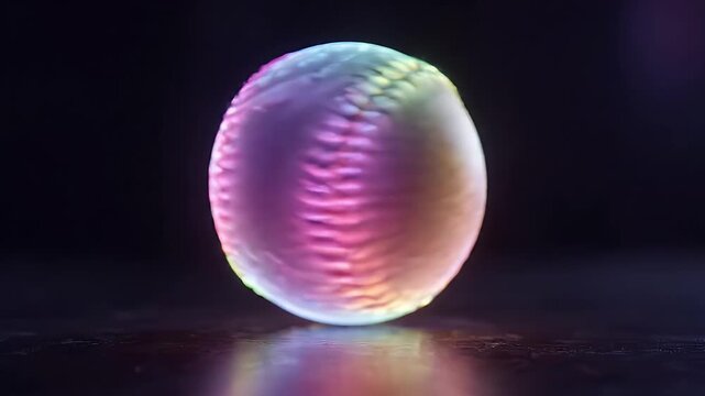 Abstract Neon Baseball Sphere with Dynamic Light Trails - A close-up shot of a glowing baseball sphere with dynamic light trails in vibrant rainbow colors.