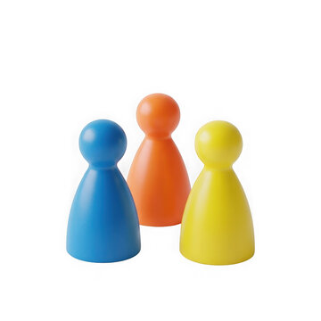 Colorful plastic pawn figures standing side by side in bright colors transparent background