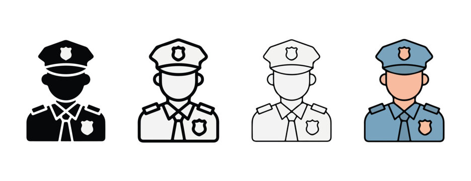 police officer icons in various styles and colors on white background