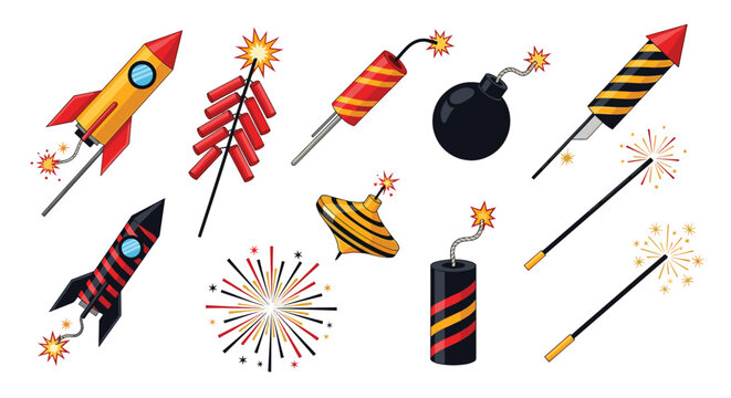 Set of various colorful fireworks crackers bombs and sparklers used for festive celebrations and holiday events decoration.