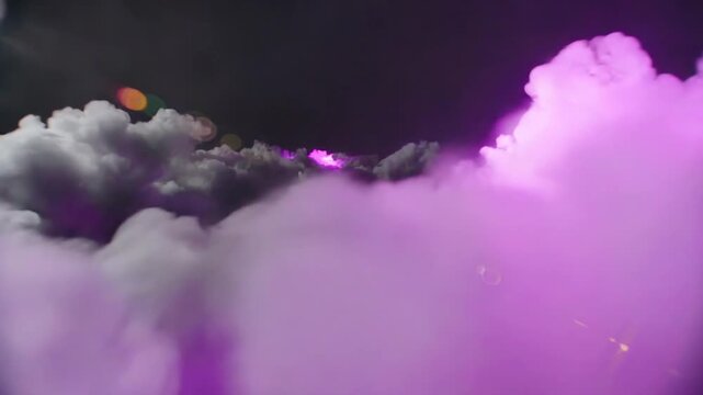 Flying through dark cinematic clouds with dramatic purple lighting