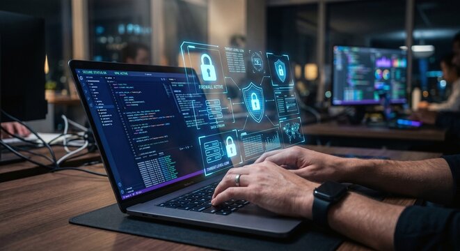 Software developer typing on a laptop with a glowing holographic cybersecurity dashboard showing active firewall status.