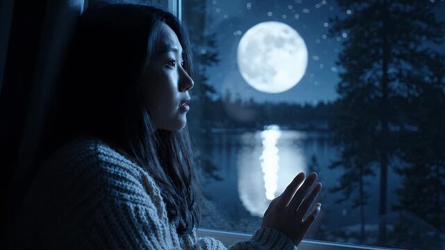 Thoughtful Young Woman Gazes at Serene Full Moon Reflection on Water - A young Asian woman in a cozy sweater looks out her bedroom window at a beautiful full moon and its shimmering reflection on a