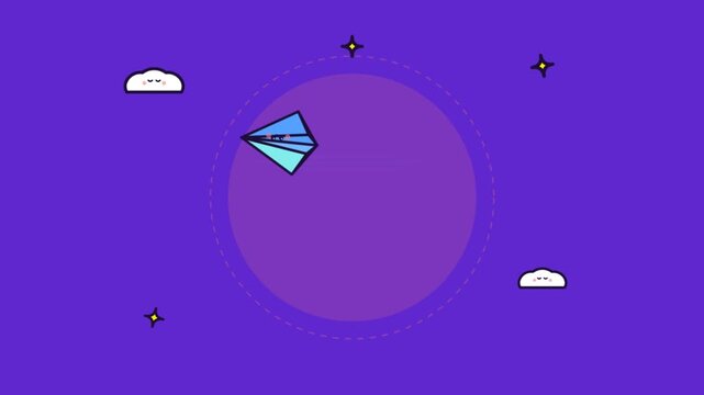 Pink envelope transforming into a blue paper airplane in flight