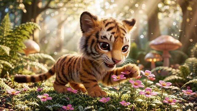 Cute Stylized Tiger Cub in Enchanted Forest - A charming digital illustration features a stylized tiger cub exploring a magical forest floor adorned with moss and delicate pink flowers.