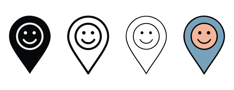 Four smiley face location pin icons in black white and colored designs for navigation and mapping concepts  various styles and colors