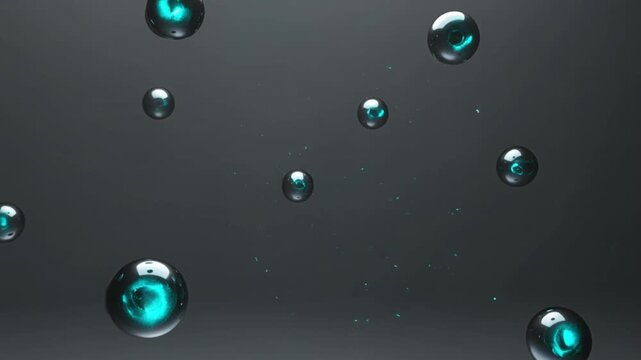 Floating teal liquid spheres popping on a dark background