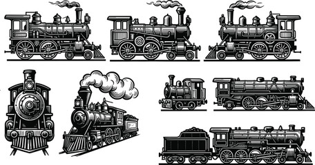 Vintage Steam Locomotive Collection Featuring Classic Railway Engines and Antique Train Engraving Illustrations Set © Limon
