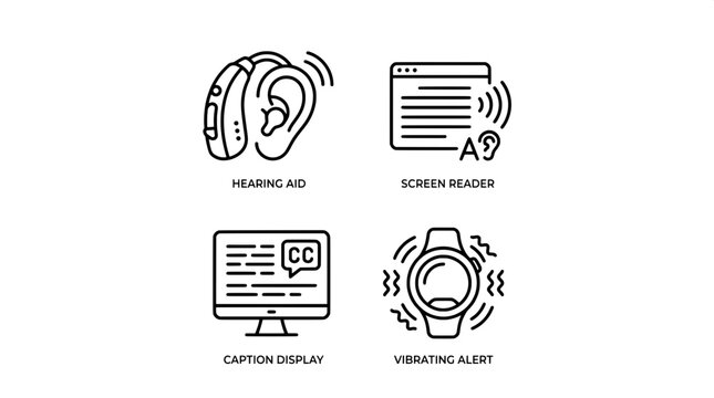 Assistive technology icons for hearing and visual impairment support with accessibility technology vibrating assistive impairment disability software inclusive communication subtitle