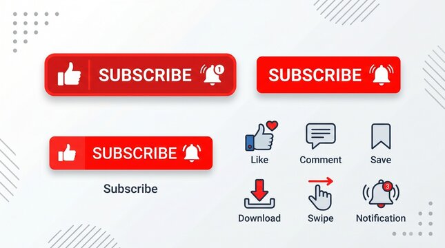 Like, subscribe, comment, download, swipe, notification, and save vector icons. YouTube subscription button with like icon and notification bell symbol, Subscribe with bell icon. Vector illustration.